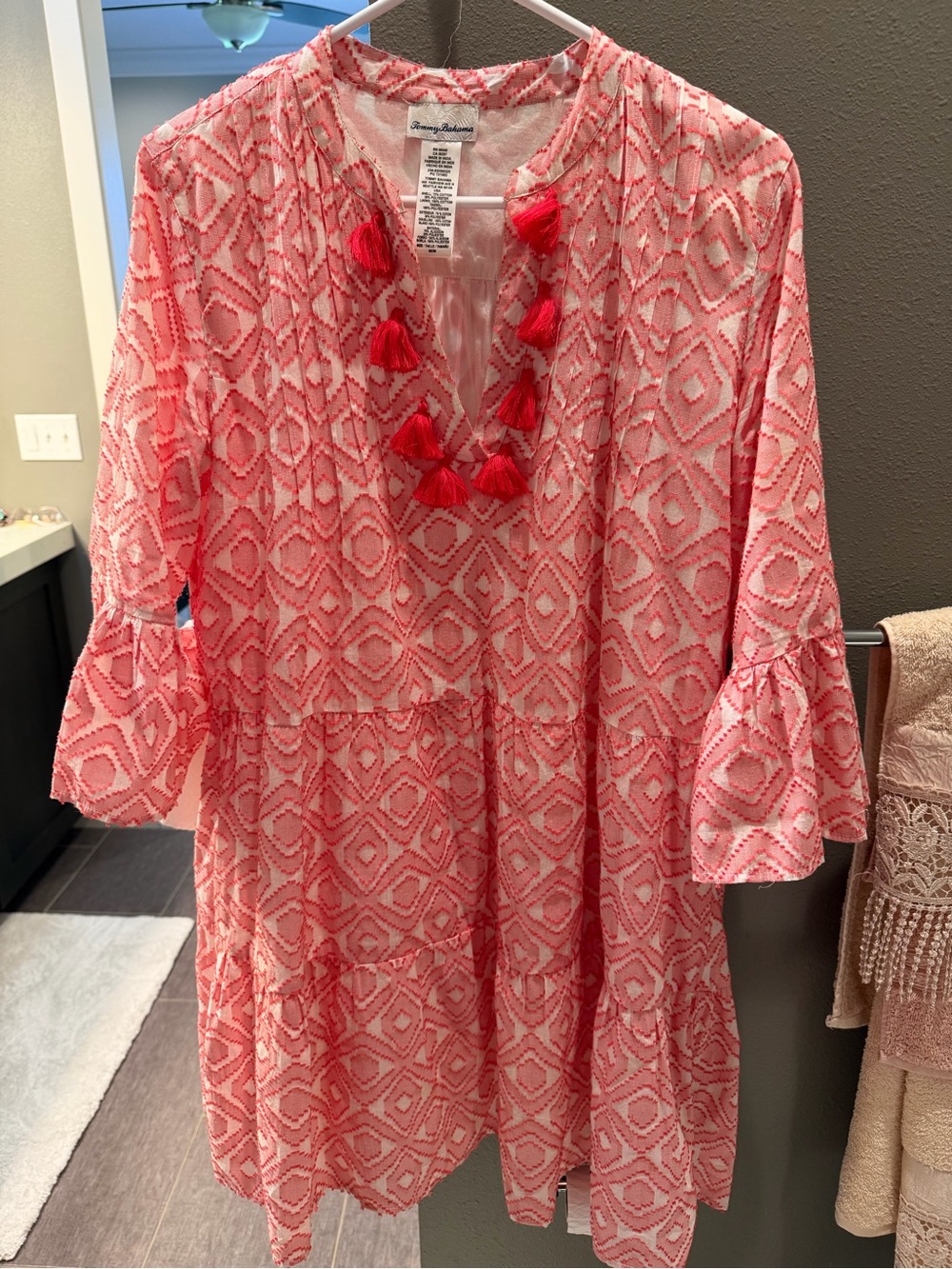 Tommy Bahama Pink and White Patterned Tassel Tunic